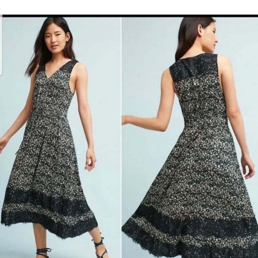 RANNA GILL Anthropologie Sz XS Cynara Black Floral Sleeveless Midi Tank Dress